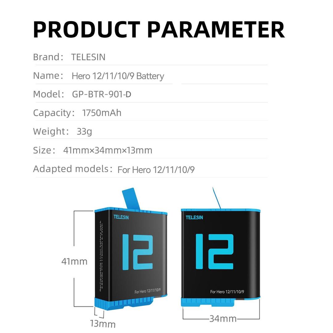 TELESIN Battery For GoPro HERO12/11/10/9 (Black), 24011802