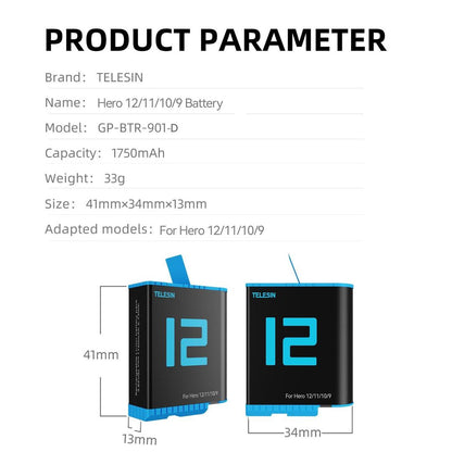 TELESIN Battery For GoPro HERO12/11/10/9 (Black), 24011802