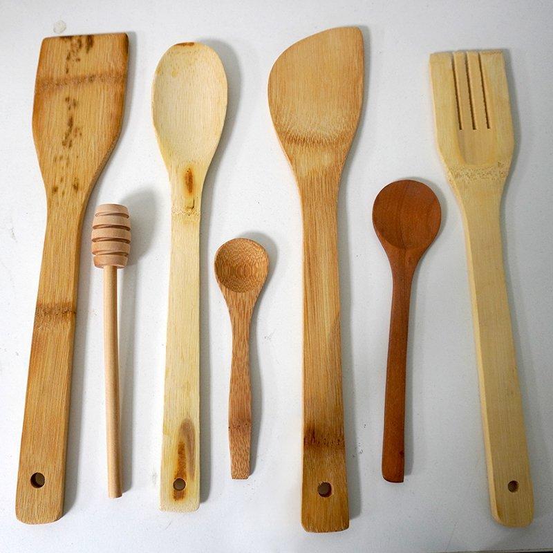 7 Pcs Organic Bamboo Cutlery Set - Wooden Utensil Set